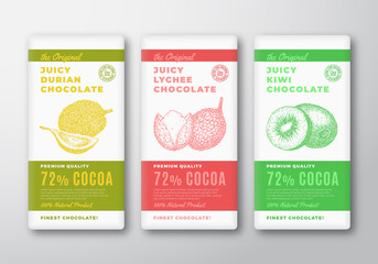 Wall Mural - The Original Finest Chocolate Abstract Vector Packaging Design Labels Set. Modern Typography and Hand Drawn Durian, Lychee and Kiwi Fruit Sketch Silhouette Background Layouts Collection. Isolated