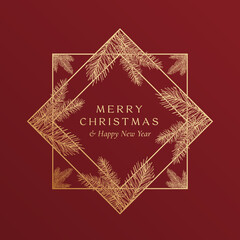 Wall Mural - Christmas Greetings Golden Glitter Geometry Frame Banner with Modern Typography and Hand Drawn Spruce Branches. Premium Quality New Year Sketch Card Layout. Winter Holiday Emblem Concept. Isolated