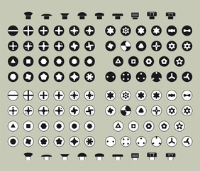 Screw Drive Types and Heads of Screws or Bolts in Glyph Style