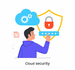 Poster - cloud security concept. man enters password to log in to personal account of digital data warehouse.