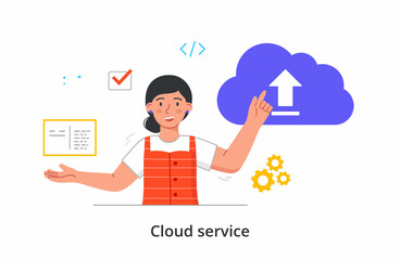 Poster - cloud service concept. woman downloads files for work from shared database. entrepreneur uses modern