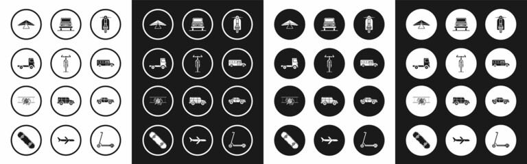 Sticker - Set Scooter, Bicycle, Delivery cargo truck vehicle, Hang glider, School Bus, Car, Sedan and Old retro vintage plane icon. Vector