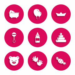 Poster - Set Baby bottle, hands print, Candy, Pyramid toy, Teddy bear plush, Rattle baby, Folded paper boat and bathtub icon. Vector