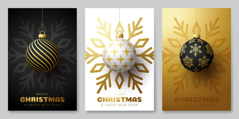 christmas ball simple poster set. Christmas set of backgrounds, greeting cards, web posters, holiday covers. Design with realistic New Year's eve.Vector illustration