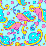 Fototapeta  - Vector seamless pattern, mysterious psychedelic mushroom. Vibrant fluorescent graphic art. Used as web wallpaper, background.