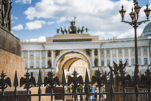 Three-headed Eagle, Architecture Element Fence Of Alexander Column. Saint Petersburg, Russia