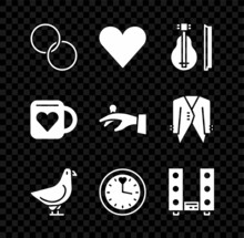 Set Wedding Rings, Heart, Violin, Dove, Clock, Home Stereo With Two Speakers, Coffee Cup And Heart And On Hand Icon. Vector
