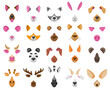 Cartoon selfie or video chat animal faces masks. Cute animals video chat effects, dog, fox, panda nose and ears vector illustration set. Animal avatars for selfie app