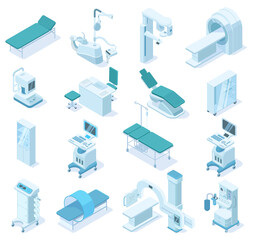 Isometric medical diagnostic, hospital health care equipment. Medical scanner MRI, x-ray scanner and dental chair vector illustration set. Ambulance technology equipment