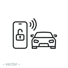 car key in smartphone icon, using smart lock application, automatic locking or open door in vehicle, phone nfc technology, close auto, thin line symbol on white background - editable stroke vector