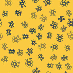 Poster - Blue line Jewish synagogue building or jewish temple icon isolated seamless pattern on yellow background. Hebrew or judaism construction with David star. Vector