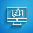 © Oksana - White line Video camera Off on computer icon isolated on blue background. No video. Long shadow. Vector