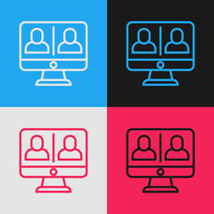 Poster - Pop art line Video chat conference icon isolated on color background. Online meeting work form home. Remote project management. Vector