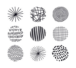 Wall Mural - Vector set with round textured elements for posters, prints, Social Media Icons. Hand drawn contemporary trendy doodle shapes with stripes, dots, lines, curves, waves.