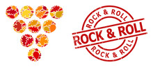 Grapes Mosaic Icon Constructed For Fall Season, And Rock & Roll Textured Stamp Print. Vector Grapes Mosaic Is Constructed Of Randomized Fall Maple And Oak Leaves.