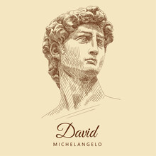 Sketch Of The Famous Sculpture By Michelangelo 'David'. Man Portrait With Curly Hair And A Forward-looking Gaze. Italian Renaissance. Vintage Brown And Beige Card, Hand-drawn, Vector. Old Design.