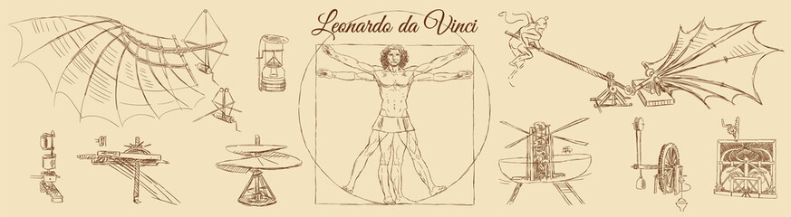Sketch of Leonardo da Vinci's Vitruvian man and engineering drawings. Italian Renaissance. Vintage brown and beige card, hand-drawn, vector. Old design. Line graphics. 