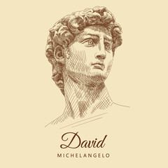 sketch of the famous sculpture by michelangelo 'david'. man portrait with curly hair and a forward-l