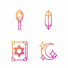 Poster - Set line Moon and stars, Ancient magic book, Magic hand mirror and Magic stone. Gradient color icons. Vector