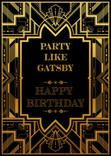 Gatsby Card Greetings Template Art Deco Geometric Vintage Frame Can Be Used For Invitation, Congratulation Great Gatsby Party Themes Elements Gold And Copper Color With Craft Style On Background.