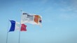 Waving flags of France and the logo of the Provence-Alpes-Côte d’Azur region against blue sky backdrop. 3d rendering