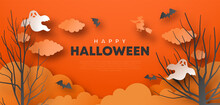 Happy Halloween Paper Cut Illustration Of Creepy Ghost, Bats And Witch In 3d Papercut Art Style. Scary October Web Template Background With Copy Space. 