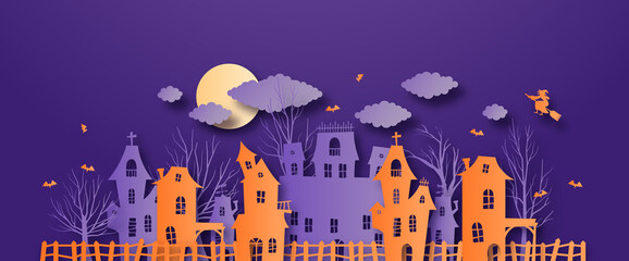 Wall Mural - Creepy paper cut haunted house village, scary abandoned gothic buildings with bats and witch in 3d papercut art style. Halloween celebration concept, origami horror scene at night.