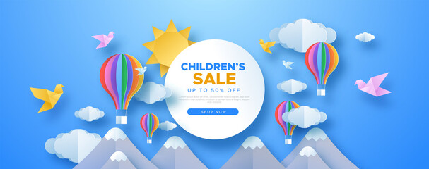 children sale papercut sky landscape banner with hot air balloon, sun and clouds made in realistic p