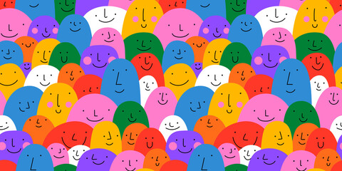Wall Mural - Diverse colorful people crowd seamless pattern illustration. Multi color rainbow cartoon characters in funny children doodle style. Friendly community or kid group background concept.
