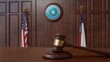 Courtroom scene with US flag and state seal and flag of the state of Texas. 3d rendering