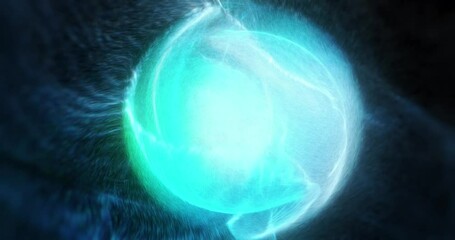 Poster - swirling sphere with particle ejection from all direction. plasma energy orb with chaotic motion. sc
