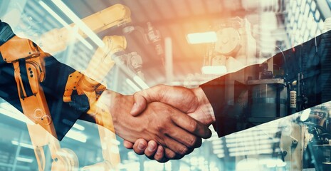 Poster - mechanized industry robot arm and business handshake double exposure . concept of successful agreeme