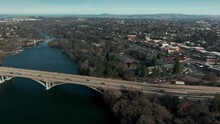 Aerial, City Of Folsom And Bridge Crossing Lake Natoma, California, USA