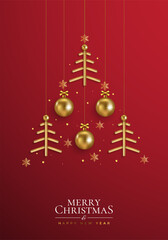 Wall Mural - Merry Christmas and Happy New Year web banner illustration of gold luxury xmas pine tree frame with geometric art deco style element for elegant holiday celebration.