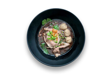 Beef noodles mixed with pork ball isolated on white background