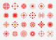 © Frogella.stock - Red circle pain icon, body pains target marks or spots. Painful muscles and joints target signs, headache indication points symbols vector set. Healthcare problems, ache or injury therapy