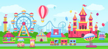 Amusement park with funfair attractions, carnival fairground rides. Cartoon circus tent, children castle, rollercoaster Vector illustration. Playground for id recreation and entertainment