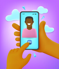 Poster - Man making video call to his friend. Comic 3d style vector illustration