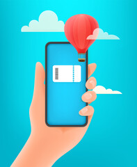 Poster - Booking e-ticket on smartphone. Modern smartphone with ticket on the hand