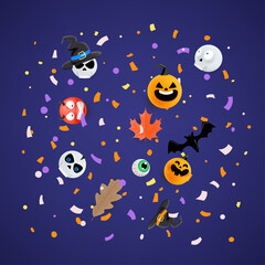  Halloween greeting card concept. Flying paper confetti and holiday accessories