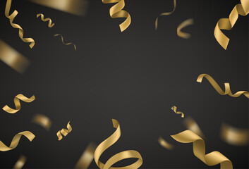 Poster - Golden ribbons on black background. Realistic vector frame with copy space