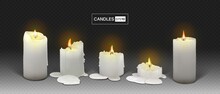 Set Of Realistic Burning White Candles On A Transparent Background. 3d Candles With Melting Wax, Flame And Halo Of Light. Vector Illustration With Mesh Gradients. EPS10.