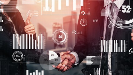 Poster - conceptual business handshake with dashboard for financial data analysis . 3d render computer graphi