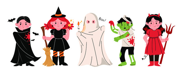 Cute little children in Halloween makeup. Halloween concept vector character illustration.