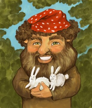 cute cheerful adorable forest troll or elf, creature of the forest, smiling and holding two hares or rabbits in his arms