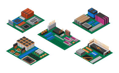 Aufkleber - Collection of isometric circuit boards with electronic components. Computer chips technology processor circuit and computer motherboards information system. Collection of technology equipments