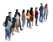 People Waiting In Queue On White Background, Back View