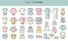 Newborn. Baby Clothes Icons Set. Clothing For Boy And Girl. Isolated Vector Illustration On White Background.
