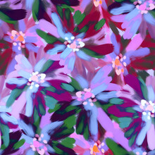 Seamless Patterm With Painted Abstract Flowers In Impressionism Style With Oil Texture In Bright Colorful Purple Tones. Texture For Print, Fabric, Textile, Wallpaper.