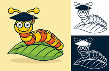 Funny Caterpillar Wearing Graduation Hat On Leaf. Vector Cartoon Illustration In Flat Icon Style